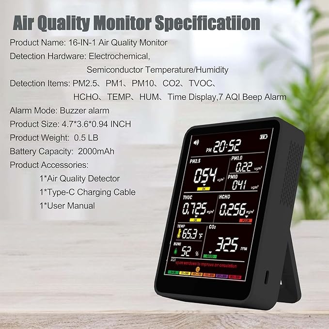 Professional Indoor Air Quality Monitor with AQI, Portable Real-Time Detector for Home Cars Plants and Pets (Black)