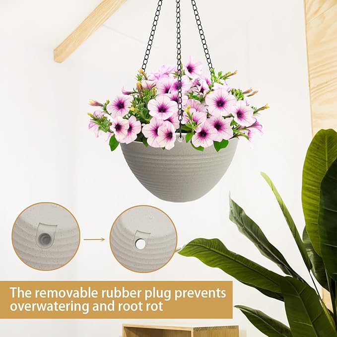 Hanging Planters for Indoor Plants 3 Pack - 7/8/10 Inch Plastic Hanging Pots with Water Sieve Mesh, Small Hanging Pots for Home Garden, Porch, Balcony & Patio Decor, Grey White
