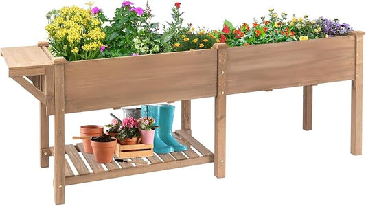 Raised Garden Bed Outdoor with Legs, 81"x 23" x 31" Elevated Wood Planter Box Stand for Backyard Patio, Garden Flower Beds with Liner Hooks Divider Panel Drainage Holes, Gift for Gardening, Brown