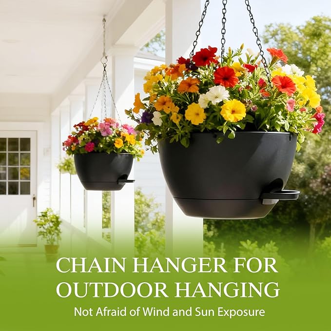 10 Inch Hanging Baskets 2 PC with Chains, Self-Watering Hanging Planters for Indoor Outdoor Plants, Plastic Hanging Flower Pots,Black