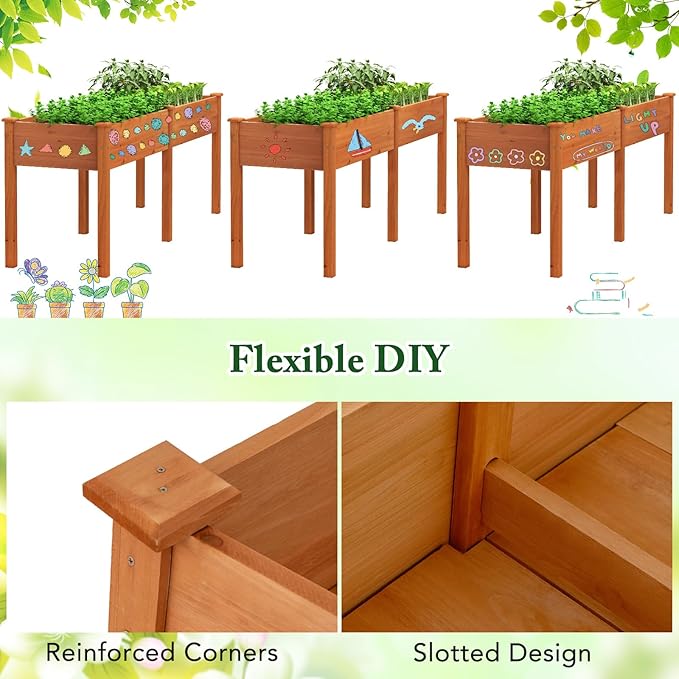 Raised Garden Bed with Legs, Elevated Planter Box with Divider & 8 Drainage Holes, Fir Wood Garden Box for Vegetables, Flowers, Fruits & Herbs (Brown Yellow)