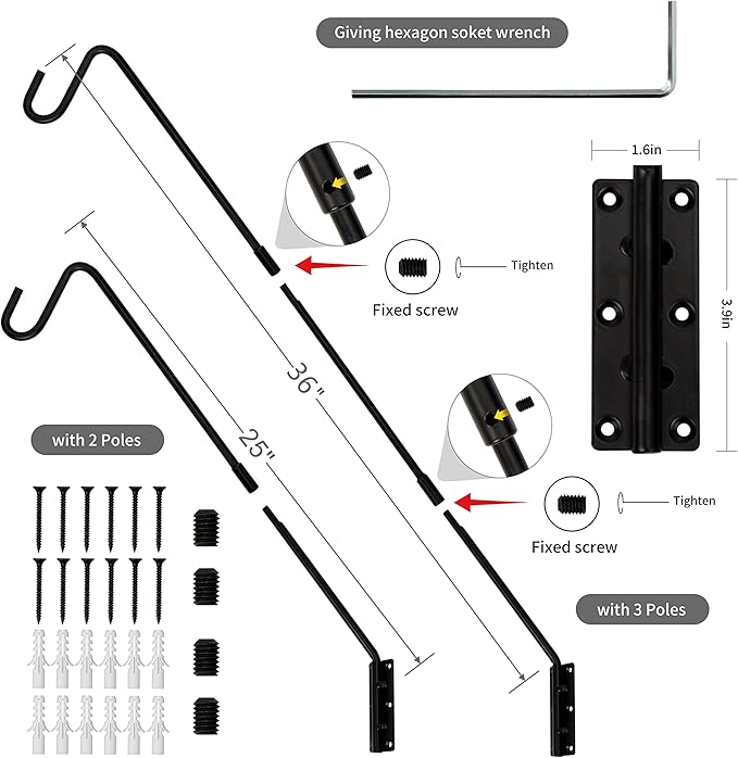 Juegoal 2 Pack Heavy Duty Deck Hook, 25 Inch or 36 Inch Wall Mounted Extended Reach Deck Hook Wall Pole Plant Bracket for Hanging Bird Feeder, Plants, Suet Baskets, Lanterns, Wind Chimes