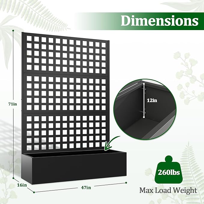Metal Raised Garden Bed with Trellis, 2 in 1 Trellis with Planter Box & Privacy Screen for Climbing Plants, Vine, Outdoor Standing Flower Beds with Drainage Holes, 47.2" L x 16.7" W x 70.8" H, Black