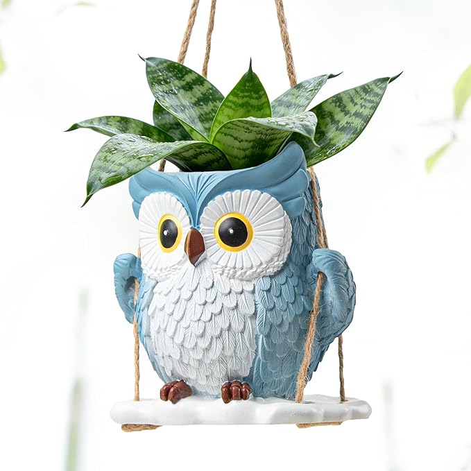 QCQHDU Swing Owl Hanging Pots with Drainage Hole, Small Resin Succulent Plant Planters, Cute Indoor/Outdoor Decor for Balcony Garden Patio, Women Gift Idea, Blue