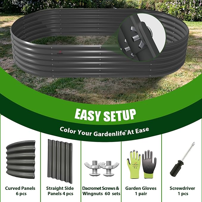 A ANLEOLIFE 2 Pcs 8X4X1.5 ft Oval Large Galvanized Raised Garden Beds Outdoor for Planting Vegetables Flowers Herb, Quartz Grey