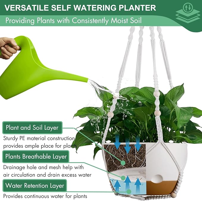 montresor Set of 2-8 Inch Hanging Planters for Indoor Plants with Self-Watering Includes Hanging Pots for Plants, Outdoor Plant Pot with Drainage, and 2 Types of Hanging Baskets Hangers (White)
