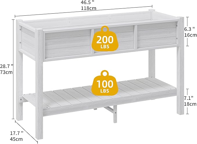 DWVO 48x18x30in Raised Garden Bed, Poly Wood Planter Box Stand,Weather Resistant Planter Box with Legs & Storage Shelf, Elevated Garden Bed for Backyard, Patio, Balcony,White