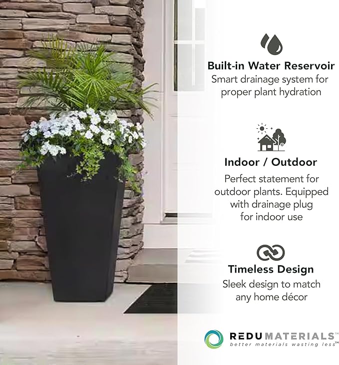 Tierra Verde 2-Pack Indoor & Outdoor Self-Watering Square Planters, Large, Sonata, Black - Planter Containers for Plants and Flowers - Gardening and Landscaping Accessories