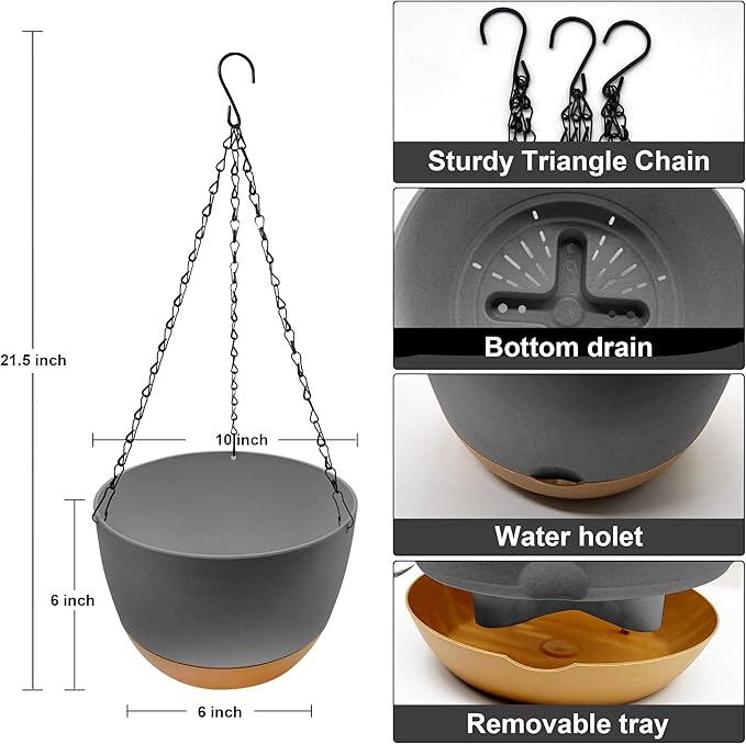 10 Inch Hanging Planters for Indoor Outdoor Plants,2 Pack Hanging Flower Plant Pot，Plastic Hanging Plant Pots for Outside with Drainage Hole and Removable Saucer for Garden Home