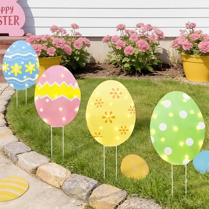 EAMBRITE Easter Decorations Outdoor Easter Egg Egg Lights, 3-in-1 Lighted Eggs Stake/Hanging/Table with Timer for Yard Signs, Lawn, Home, Pathway, Garden, Spring, Indoor Outside Decor