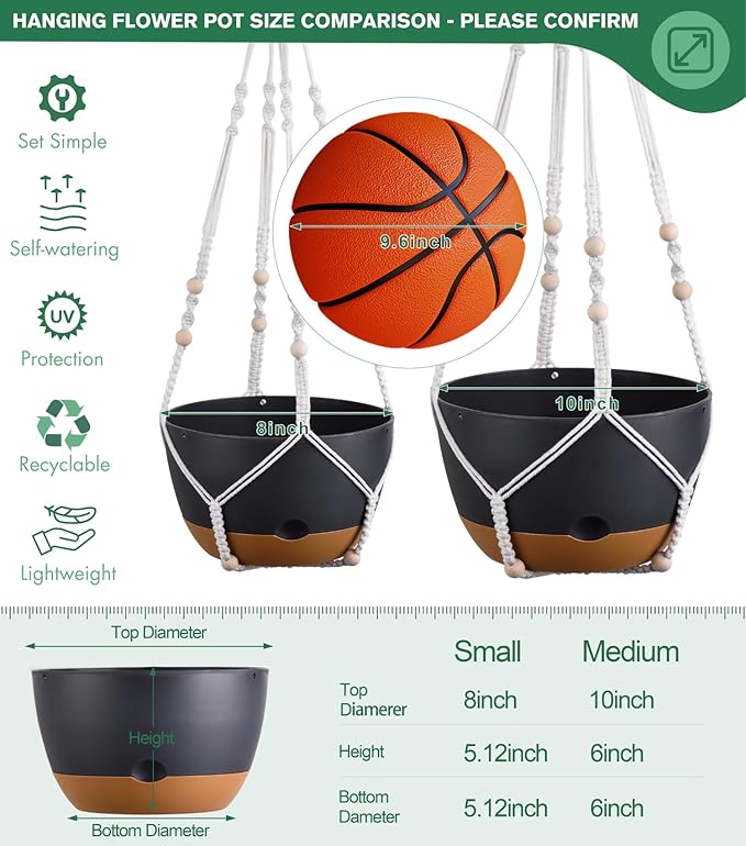 montresor Set of 2-8 Inch Hanging Planters for Indoor Plants with Self-Watering Includes Hanging Pots for Plants, Outdoor Hanging Plant Pot with Drainage, and 2 Types of Baskets Hangers (Black)