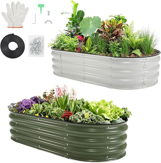 PeakPursuit 4X2x1Ft Galvanized Raised Garden Bed Kit, Metal Raised Garden Bed, Oval Planter Box with Open-Ended Base for Vegetables, Flowers, Herbs & Fruits