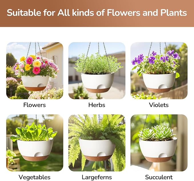 Hanging Planter for Indoor Plants, 10 Inch Self-Watering Hanging Planters with Drainage Holes and Chain, Set of 2 Outdoor Hanging Pots for Garden Home