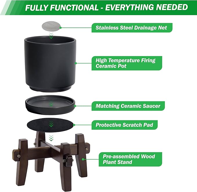 D'vine Dev Ceramic Planter with Wood Stand - 6 Inch Mid Century Modern Cylinder Plant Pot Set for Indoor Plants & Flowers, Black, 55-A-Z-2