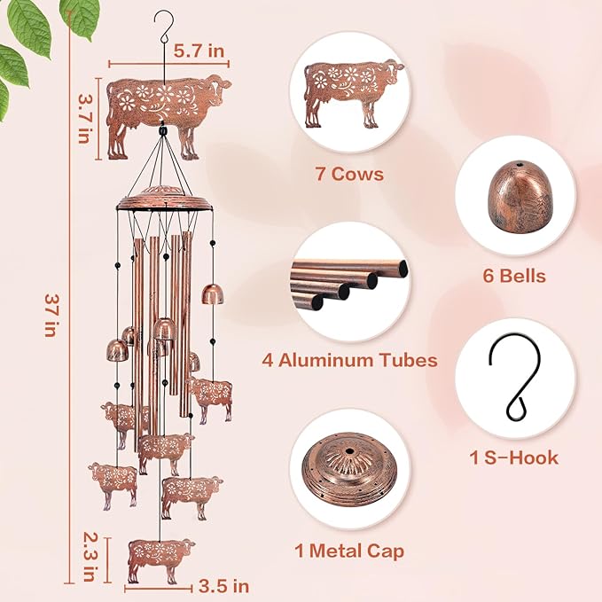 Cow Wind Chimes for Outside,Cow Gifts for Women/Men/Sympathy/Memorial/Festival Birthday Gifts Metal windchimes Outdoors/Indoors,Patio,Garden Decor,Yard Decor,Home,Porch