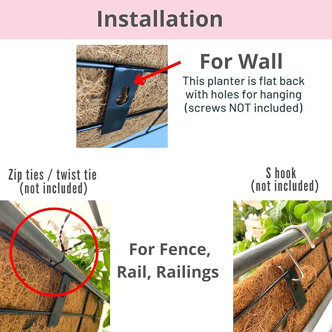 LaLaGreen Wall Planters for Outdoor Plants (2 Pack, 16 Inch) Window Flower Boxes Basket Attach to House, Deck Railing Strawberry Planters with Coco Liners BalconyTroughs Fence Patio Porch Over Rail