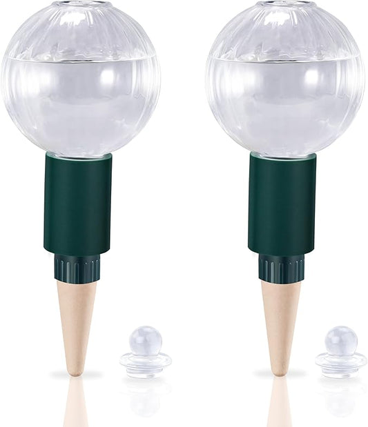 12 oz Plant Watering Globes Top Fill, Clear Glass Water Bulbs with Terracotta Spikes Stake, Vacation Slow Release Self Watering Planter Insert, Automatic Drip Device, 2 Pack