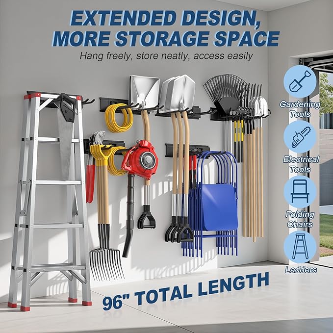 Heavy Duty Garden Tool Organizer 96 Inch - 20Pack Carries 720 lbs, Garage Tool Organizer Storage System, 6 Rails with 12 Adjustable Metal Hooks, Yard Shed Rack for Rake Broom Mop Snowboard