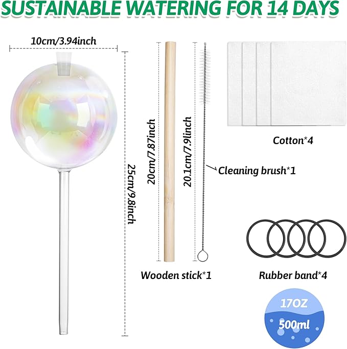 17 oz Up 2 Weeks Large Plant Watering Globes, Self Watering Planter Insert Iridescent Rainbow Self Watering Globes, Vacation Plant Watering Devices-Watering Bulbs for Indoor Outdoor (Large 4-Pack)