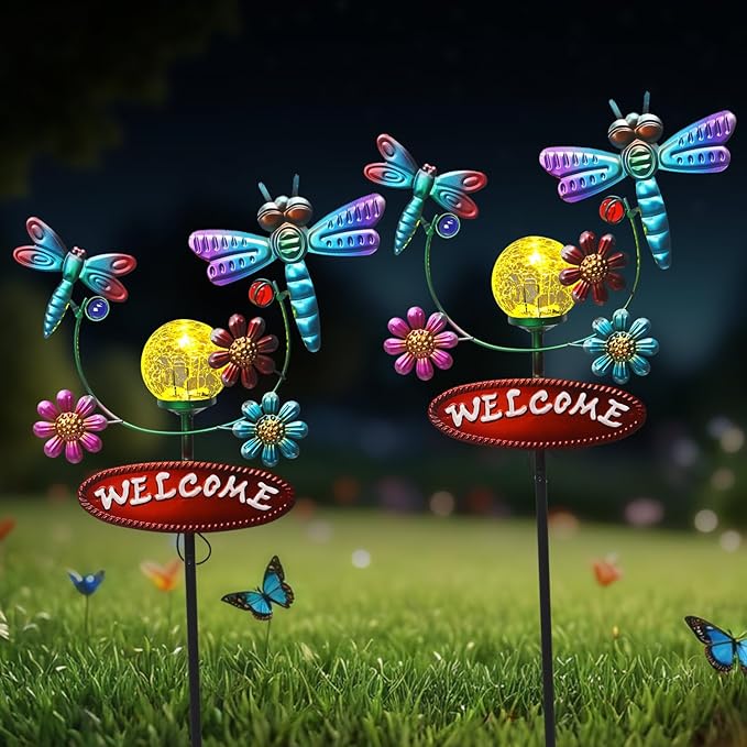 Solar Garden Stakes Metal Welcome Signs for Outside 30.3', 2 Flying Dragonflies with Cracked Glass Ball,Decorative Garden Stakes for Lawn, Patio, Dragonfly Gifts for Women