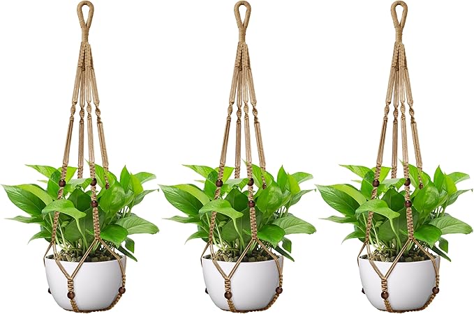 USLAI Macrame Plant Hanger Indoor Outdoor, Up to 4-15 inch Pot, Strong Hanging Planter Basket, Boho Home Decor, 35 Inch, Brown, Set of 3 (POTS NOT Included)