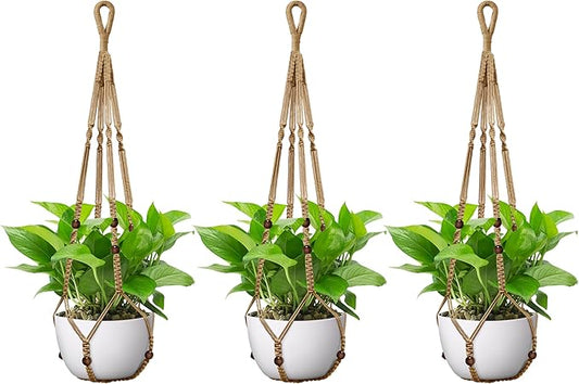 USLAI Macrame Plant Hanger Indoor Outdoor, Up to 4-15 inch Pot, Strong Hanging Planter Basket, Boho Home Decor, 35 Inch, Brown, Set of 3 (POTS NOT Included)