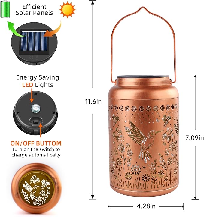 Hummingbird Solar Lanterns Outdoor Waterproof Garden Decor Birthday Gifts for Women Men Mom Hummingbird Hanging Solar Lights Metal Decoration Outside for Yard,Patio,Backyard,Porch,Tabletop