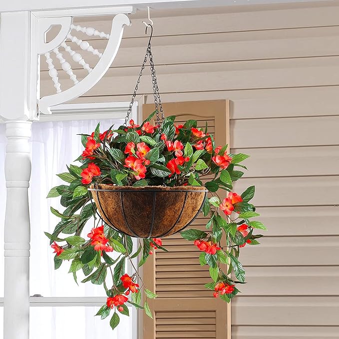 Lainrrew 2 Pack 12" Metal Hanging Planter Basket with Coco Liner, Round Wire Plant Holder Flower Pots Hanger Watering Hanging Flower Baskets Porch Decor for Indoor Outdoor Garden