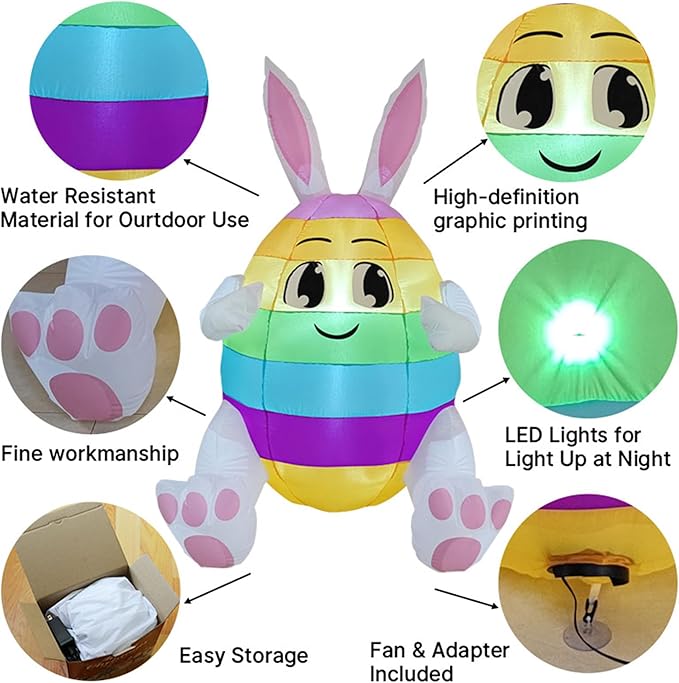 5FT Lighted Easter Inflatable Colorful Egg with Bunny Ears - Blow Up Outdoor Yard Decor for Lawn, Garden & Holiday Party