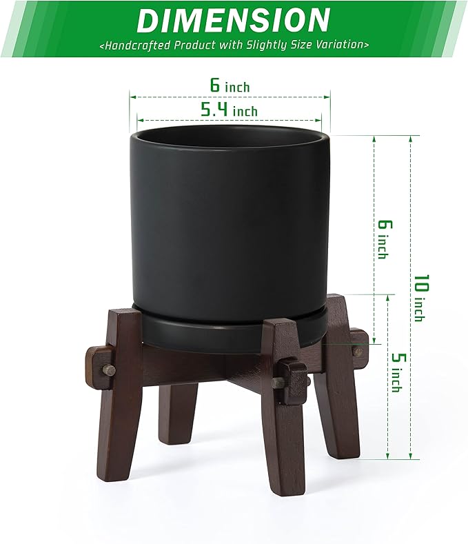 D'vine Dev Ceramic Planter with Wood Stand - 6 Inch Mid Century Modern Cylinder Plant Pot Set for Indoor Plants & Flowers, Black, 55-A-Z-2