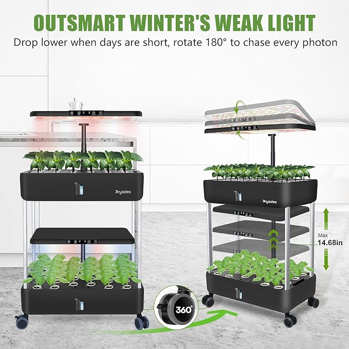 44-Pod Indoor Hydroponic Growing System + 3 Free Seeds Starter Kit (Lettuce, Salad Mixed, Basil Seeds) – Dual 53W Full-Spectrum LED, 10-L Water Tank, 2-Tier Grow Pods (44 Pods)
