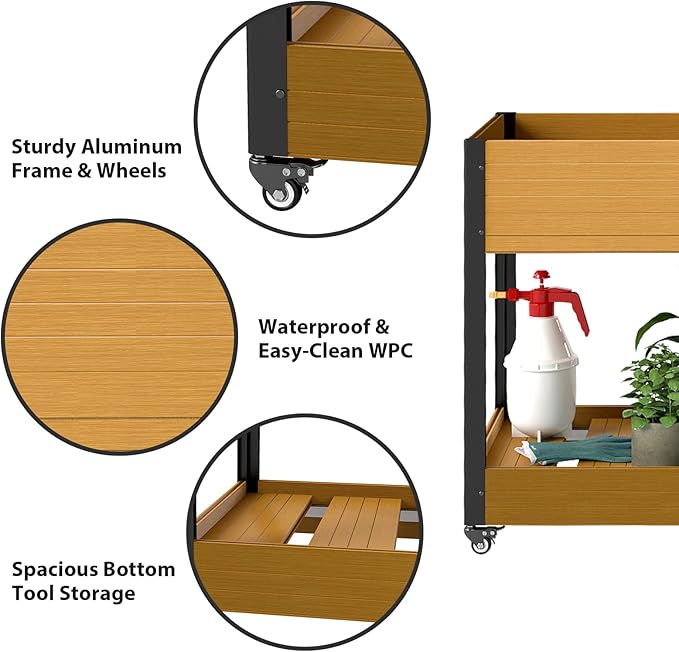 WPC Raised Garden Bed, Waterproof Elevated Planter Box with Legs and Wheels for Outdoor, Standing Patio Planters for Vegetables Flowers Herbs with Drainage Holes, Yellow Teak