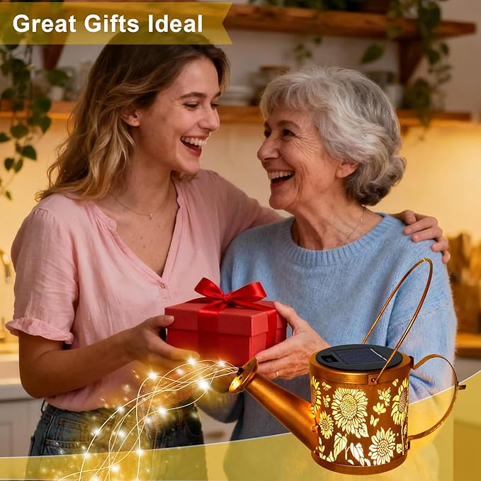 Solar Watering Can Lights, Sunflower Decorative Hanging Lantern Solar Lights Outdoor Waterproof, Gifts for Mom Women Grandma Birthday, Retro Metal Garden Decor for Outside Yard Patio Pathway Lawn