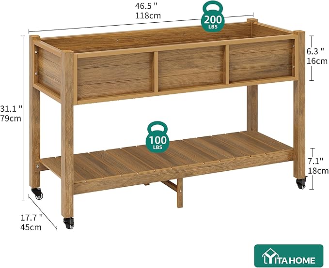 YITAHOME Raised Garden Bed, 47x18x31 Inch HIPS Poly-Wood Weather-Resistant Elevated Planter Box with Legs for Vegetable Flower, Brown