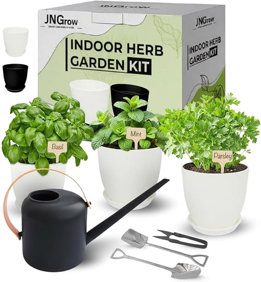 Indoor Garden Kit - Plant Pots with Drainage, Watering Can & Tools - Ideal Windowsill Planter Set - Modern Home & Kitchen Decor Gift - White