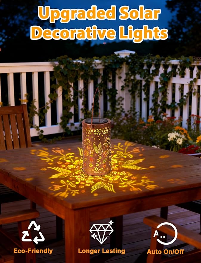 Sunflower Solar Lanterns Outdoor Waterproof, Metal Lantern Garden Lights with Color Projection, Garden Decor Gifts for Mom Women Mother Grandma, Hanging Solar Lights for Yard Porch Patio (Hummingbird)
