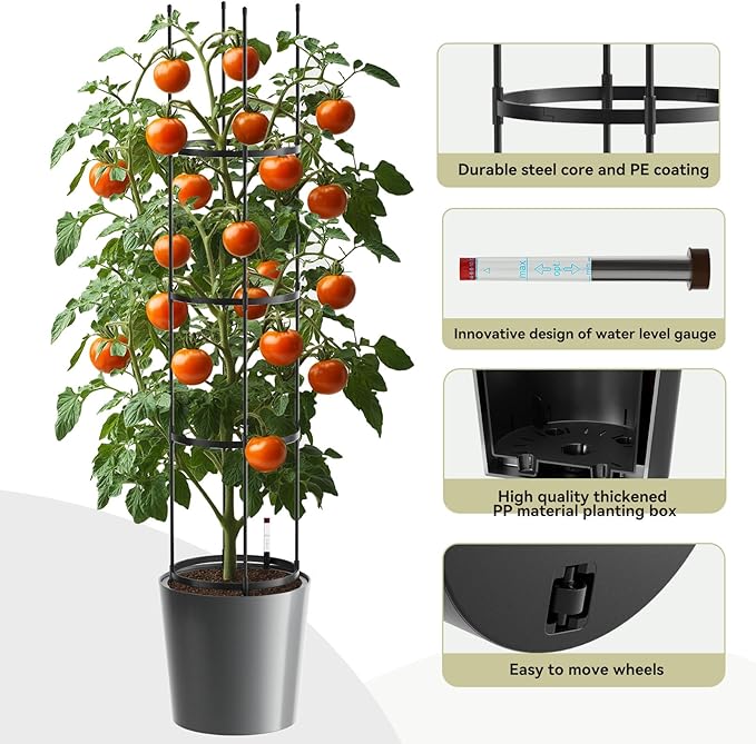 SUNYRISY 2Pack Planter Box with Tomato Cage, Self Watering Tomato Planter Box with Trellis, Raised Garden Bed with Wheels for Climbing Plants Vegetable Vine Flowers Outdoor Patio, Grey