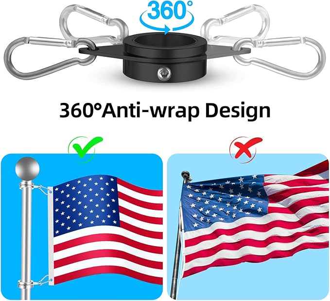 Anovo Flag Pole Rings, Flagpole Rings Aluminum Alloy 360° Rotating Anti Wrap Flag Mounting Spinning Ring Clips for 0.75-1.02 Inch Diameter Flagpole (1 Inch -Pack of 2, Black)