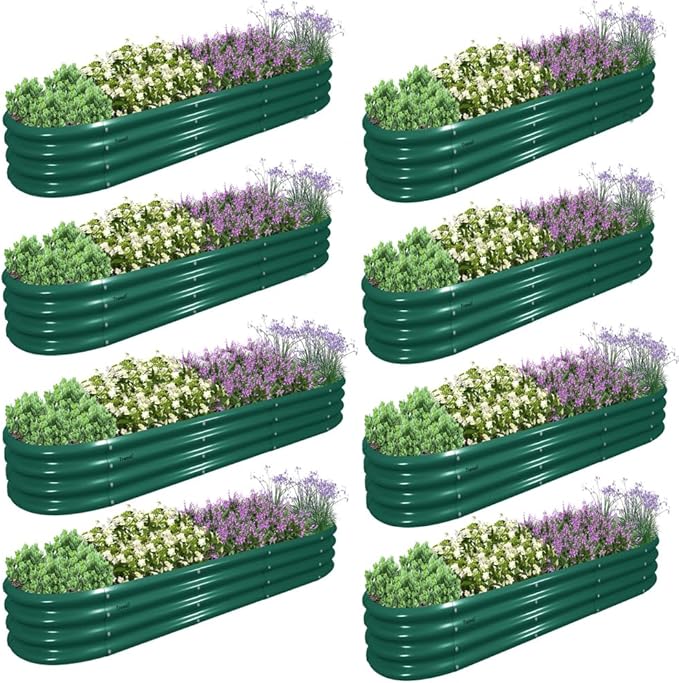 8 Pack 12x2x1FT Galvanized Raised Garden Bed Kit Oval Metal Ground Planter Box Outdoor Bottomless Planter Raised Beds for Vegetables Flowers Herbs Fruits, Green