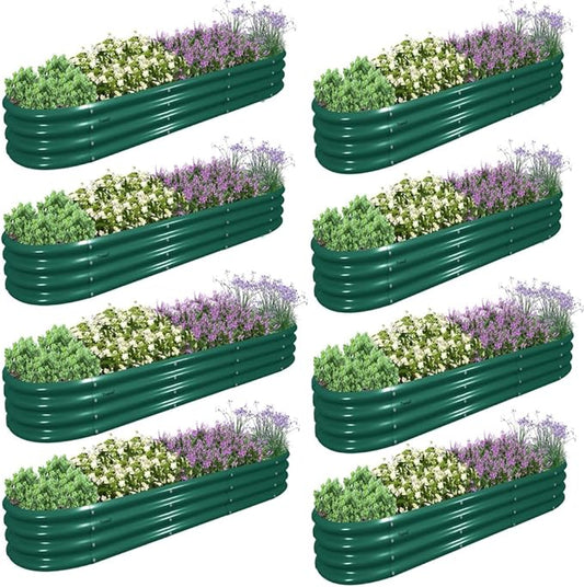 8 Pack 12x2x1FT Galvanized Raised Garden Bed Kit Oval Metal Ground Planter Box Outdoor Bottomless Planter Raised Beds for Vegetables Flowers Herbs Fruits, Green