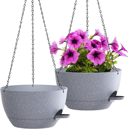 WOUSIWER Self Watering Hanging Planters, 2 Pack 12'' Plastic Pots with Drainage Holes & Reservoir Tray (Speckled Grey) | Indoor & Outdoor Use for Ferns, Ivy, Herbs, Succulents