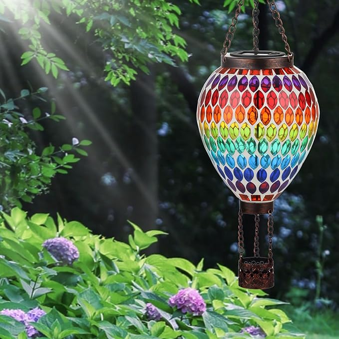 VOREEN Hot Air Balloon Solar Lantern, Handmade Mosaic Solar Outdoor Hanging Wind Light, Waterproof, Patio Festive Decor, Gift for Mom Wife Friend, Rainbow Pattern