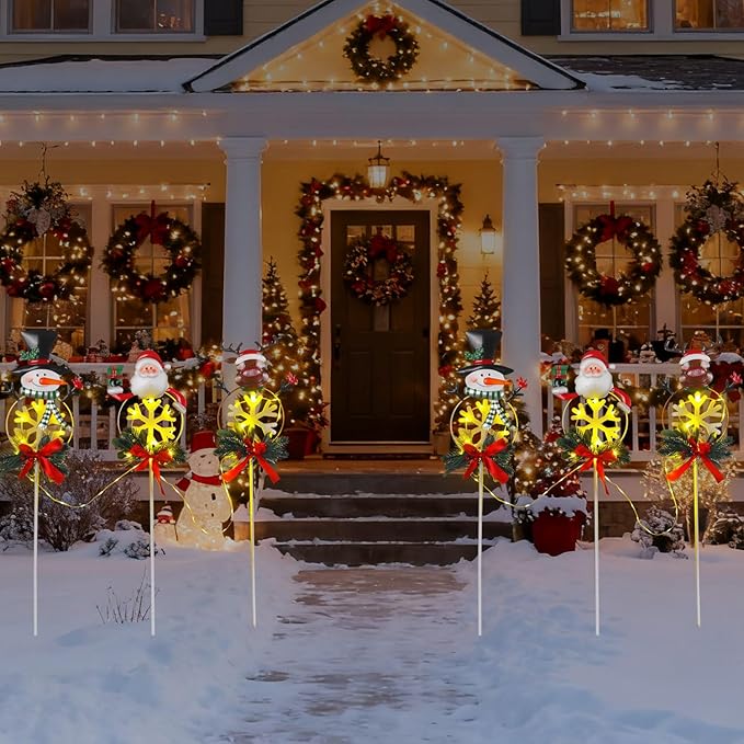 Christmas Yard Stakes Solar with Metal Santa, Snowman & Reindeer Set of 3, Christmas Grave Decorations with Solar String Lights for Outdoor Cemetery, Garden, Pathway, Porch