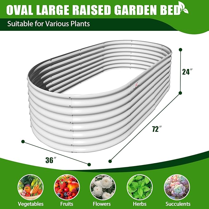 A ANLEOLIFE 6X3X2 ft Galvanized Raised Garden Beds Outdoor-4 Pack, Oval Large Metal Deep Root Planter Box for Planting Vegetables Flowers Herb, Anti-Rust & Easy-Setup, Antique White