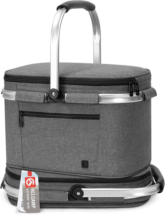 ALLCAMP Picnic Basket - Insulated Cooler Foldable Thermal Bag with Detachable Compartments & Built-in Frame, Housewarming Gift for New Home (Gray)
