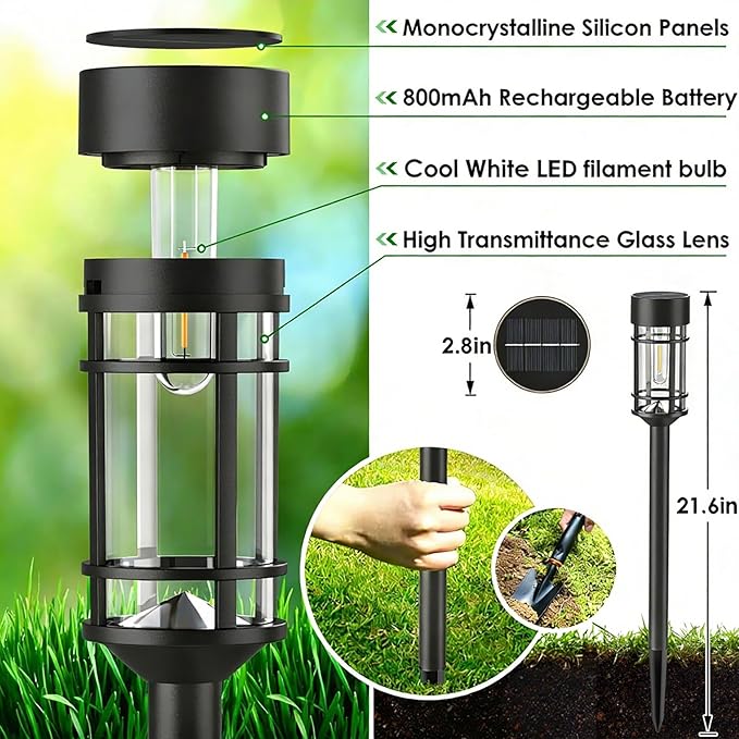 Mancra Solar Pathway Lights Outdoor, 8 Pack Metal Glass Solar Lights Outdoor Waterproof Auto On/Off Landscape Path Lighting Garden Decor for Yard Walkway Driveway, Cool White