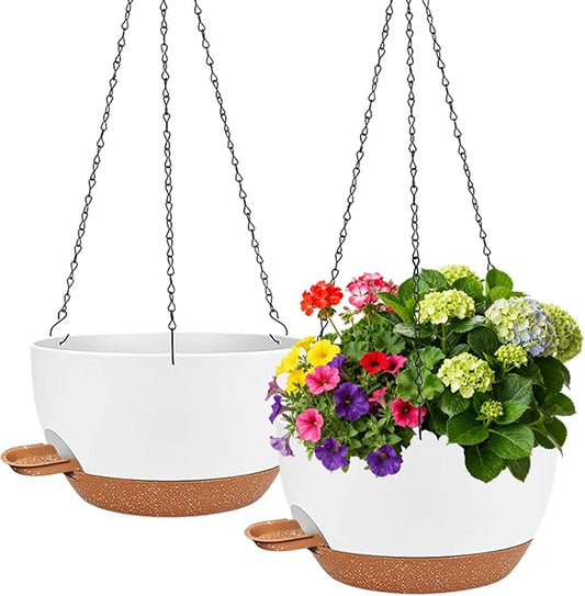 12 Inch Self Watering Hanging Planter for Indoor Outdoor Plants, 2 Pack Hanging Flower Pots with Drainage Holes and Saucers, Plastic Hanging Baskets for Kitchen, Balcony, Garden Decoration