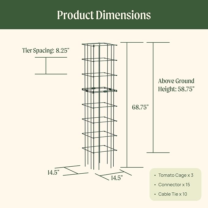 Vego Garden 2 Pack Tomato Cage 14.5"x 58" Square for Garden & Pots, Rust-Resistant Tomato Stackable Plant Cage Trellis Support for Climbing Vegetables Plants