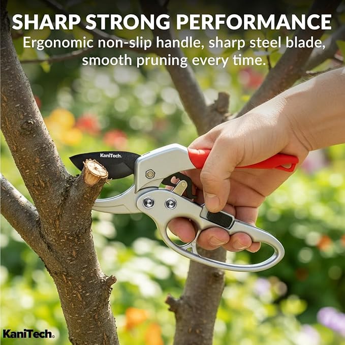 KaniTech Pruning Shears for Gardening with Gloves - Heavy Duty Garden Shears, Aluminum Hand Pruners with TPR Grip Handle, 8 inch 3.55mm Thick Blade - for Branches, Flowers & Plants (Red)