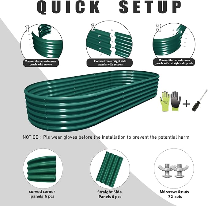 2 Packs 8x3x1.5FT Galvanized Raised Garden Bed Kit Oval Metal Ground Planter Box Outdoor Bottomless Planter Raised Beds for Vegetables Flowers Herbs Fruits, Green